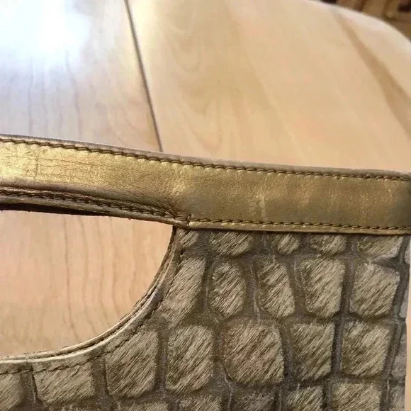 Nordstrom leather handbag/clutch. Animal print w/Gold leather + furry covering. - Picture 10 of 11